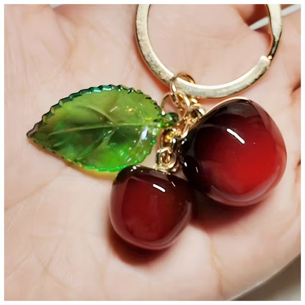 Keychain Glossy Red Cherry & Green Leaf Charms Golden Backpack Wallet Handbag - Picture 4 of 5